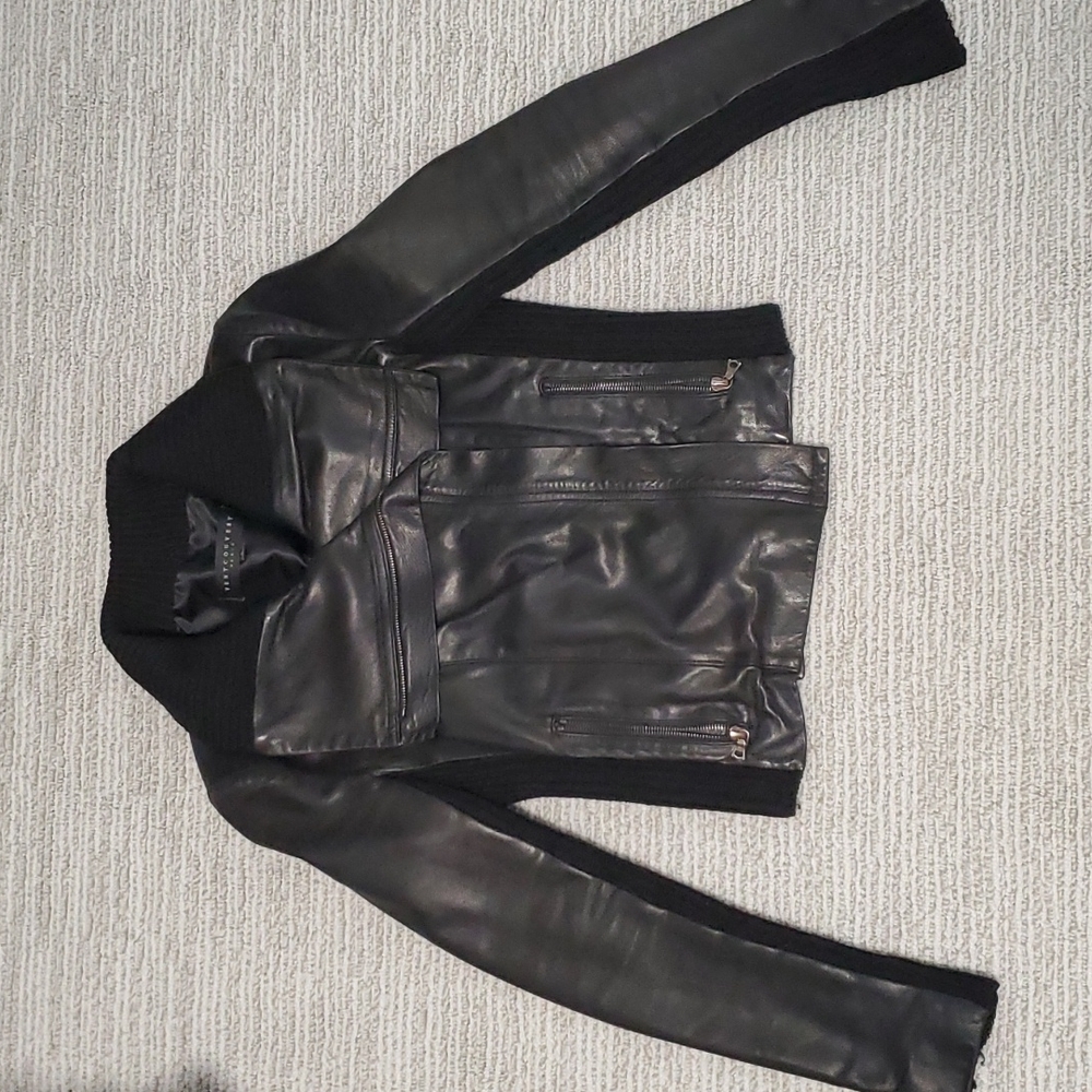 Lamb leather jacket with contrast rib